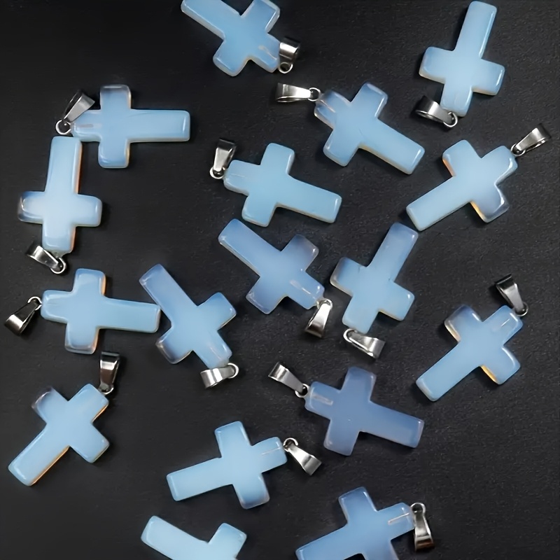 10pcs Set: Natural Stone Cross Pendants with Leather Cords