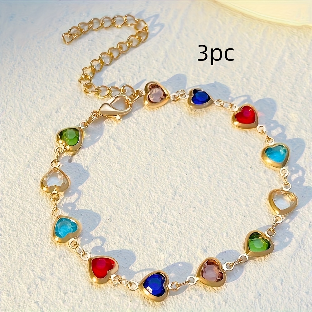 TEMU 3pcs Bohemian Style -shaped Synthetic Zirconia Bracelet - Vibrant Gemstones, Vintage Inspired Everyday Jewelry Gift, A Multifunctional Accessory Perfect For Her, Elegant Chain Design