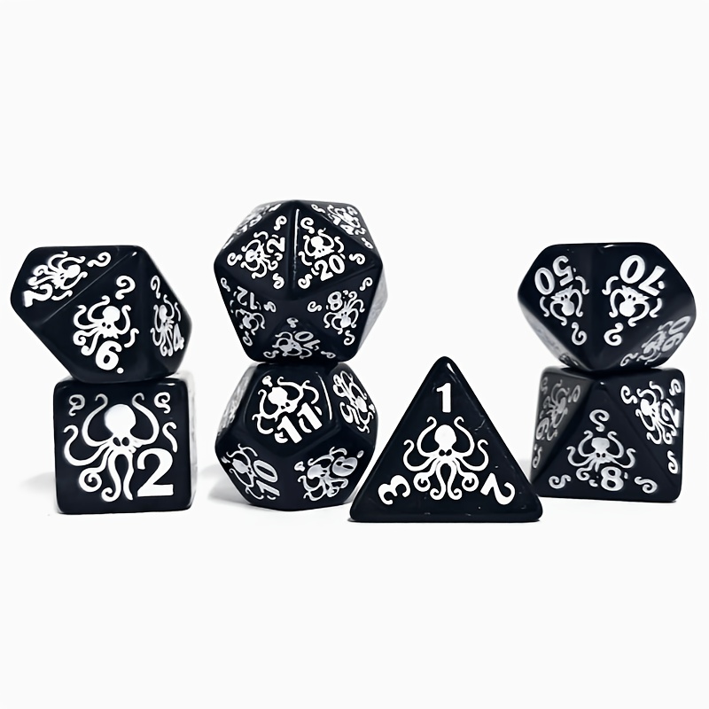 Black Polyhedral Dice Set with Octopus Carved Pattern