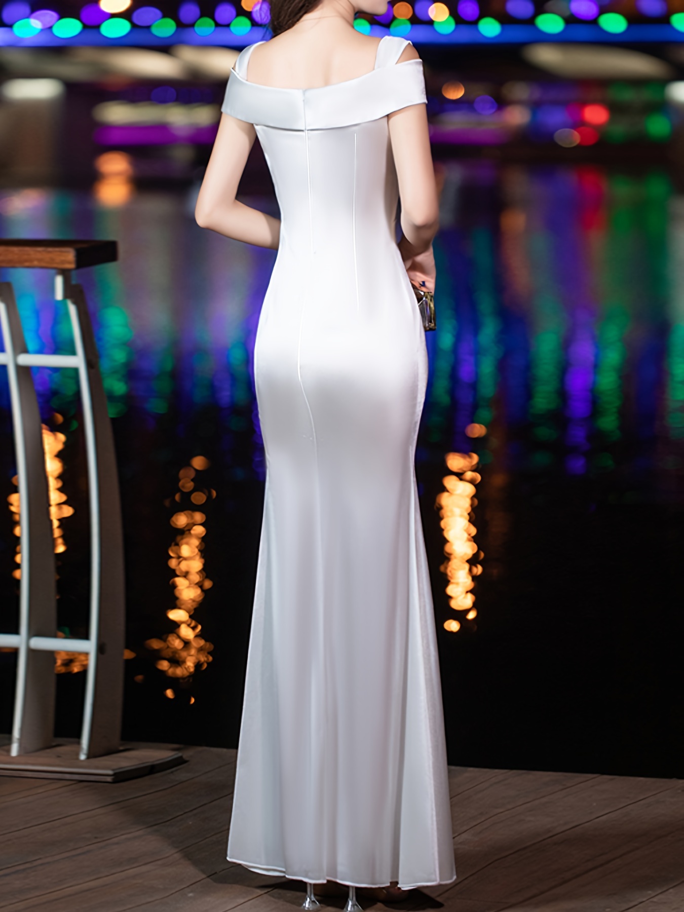 high satin dress, elegant off shoulder bodycon dress for party  