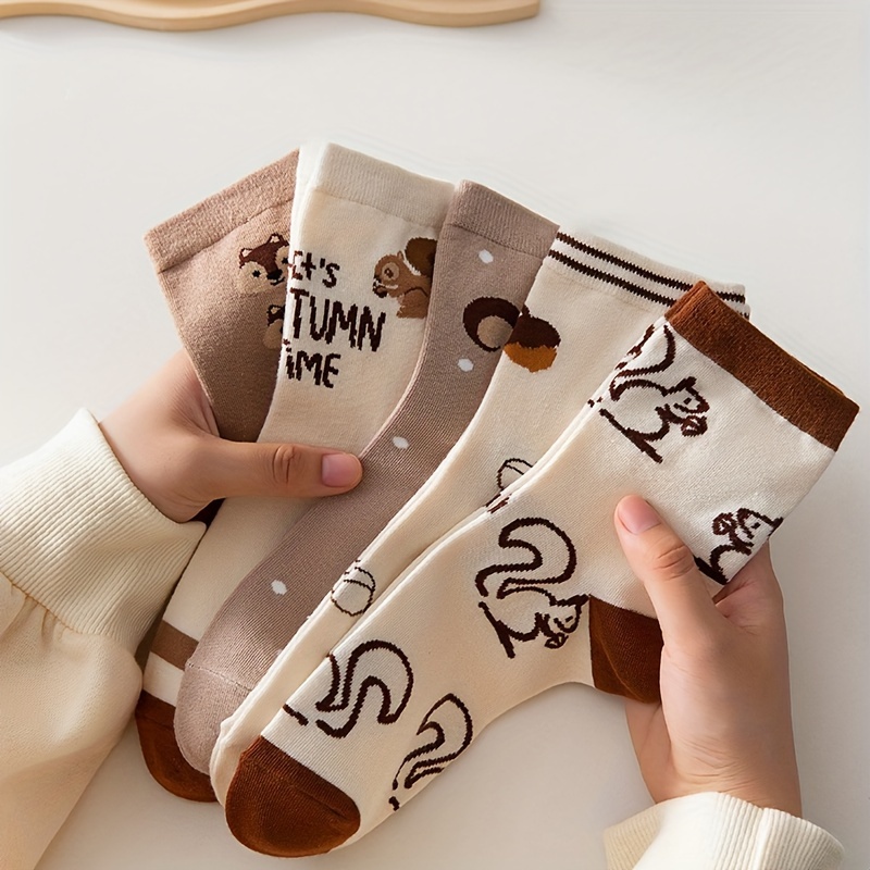 

5 Pairs Cartoon Squirrel Print Socks, Cute College Style Mid Tube Socks For Fall & Winter, Women's Stockings & Hosiery