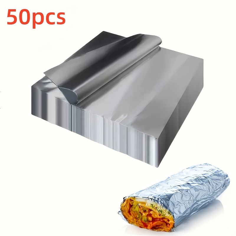 E-shop 50 Stück 30*30 cm Alufolie Blätter, vorgeschnittene Folienblätter, Einwegfolie für BBQ, Air Fryer Alufolie für Burrito, Hot Dog oder Sandwich