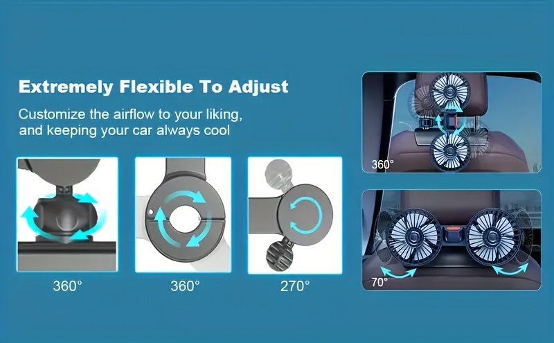 car fan car small air conditioner dual head rear fan 5 blades 360 degree rotation extra large super low sound operation installation foldable and hidden under the headrest disassembly for multiple scenes brushless motor 70 inch usb power cable base fixed clip installation suitable for car and home use details 3