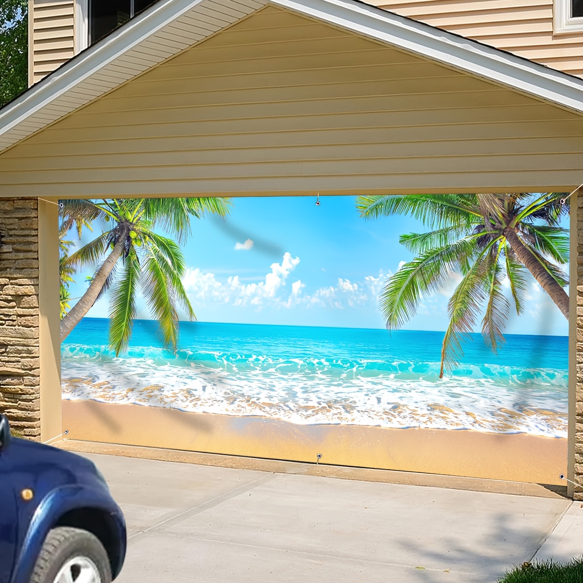 TEMU A Large Backdrop Featuring A Beach Scene With , Palm Trees, And Gentle Waves, Perfect For Party Backgrounds, Celebration Decorations, Outdoor