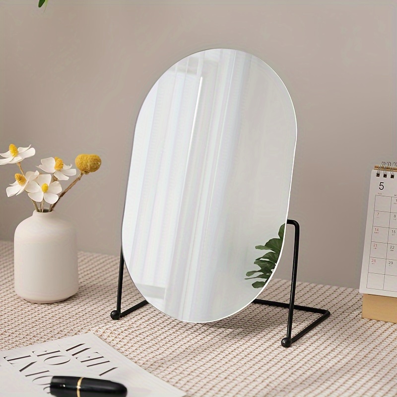 TEMU A Single Oval-shaped Golden Desktop Stand Mirror, Simple Bedroom Makeup Mirror, Household Bathroom Dining Room Dressing Mirror, Ladies' Standing
