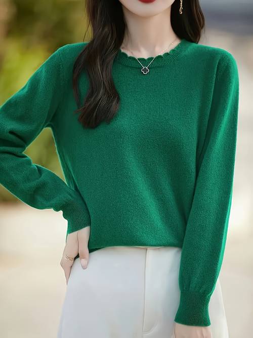 Women S Elegant Green Sweater - Cozy Long Sleeve Crew Neck, Ribbed Pullover for Fall/Winter, Layering or Outfits, Cozy Sweater