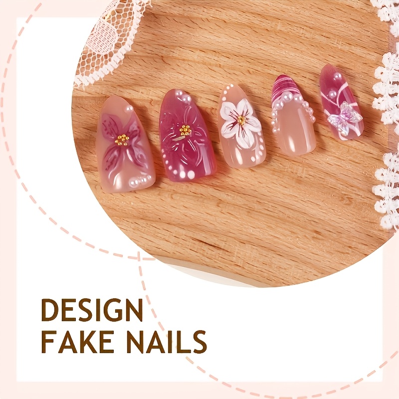 TEMU Set di 10 unghie a pressione di media grandezza a mandorla con un design a ombre rosa 3d con strass. queste unghie finte lucide a eleganti e