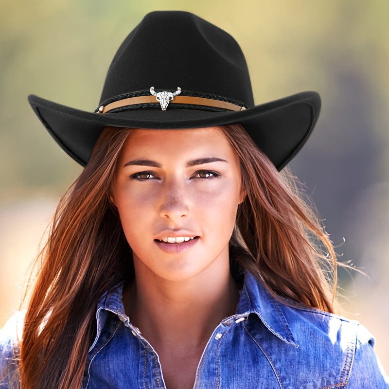 

Unisex Cowboy Hat With Bull Head Belt, Classic Western Style, Moisture-wicking Band, Foldable Design Caps, For Outdoor And Party Wear, Protective Wrap Included