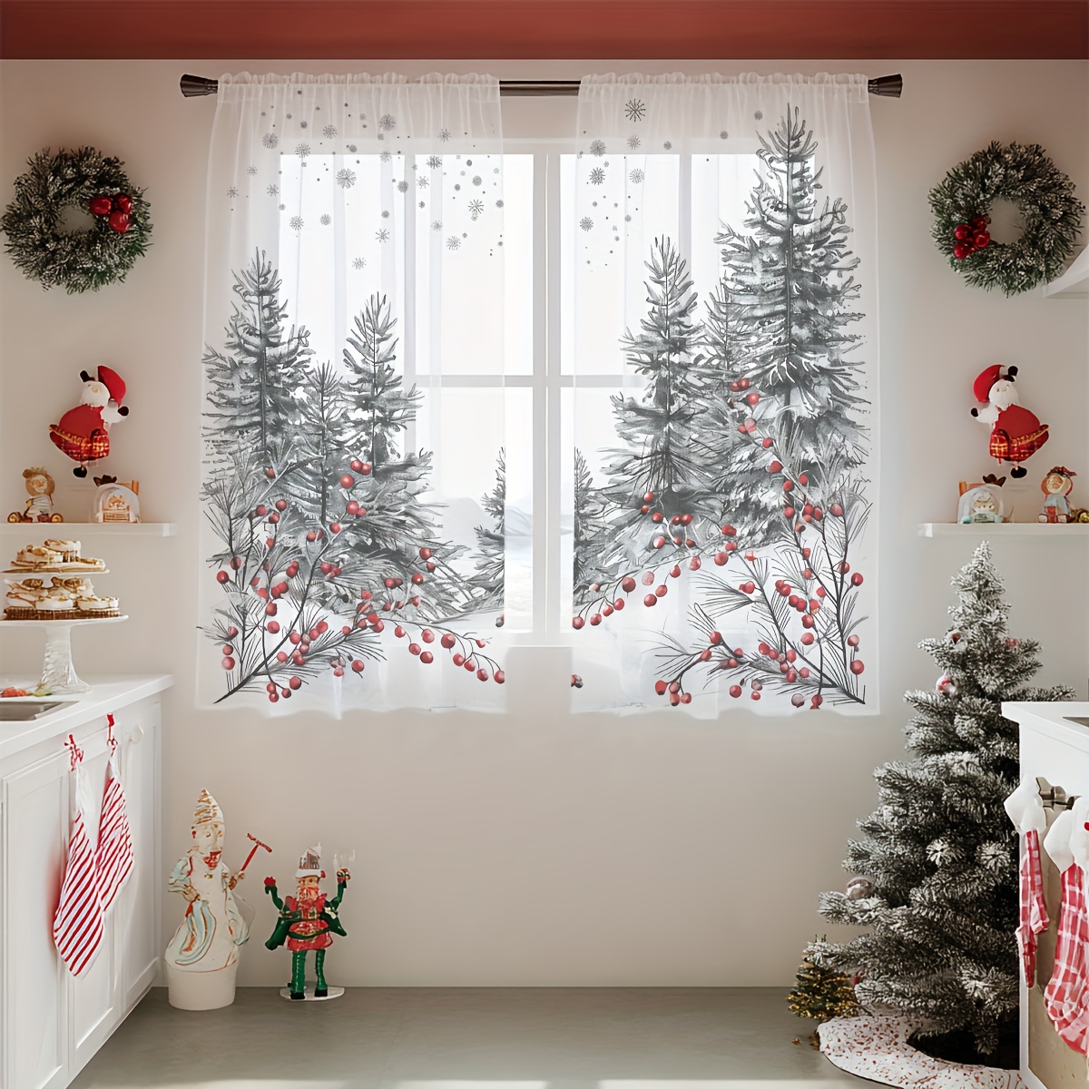 TEMU 2pcs Winter Snowy Pine & Red Berries Print Curtains - 100% Polyester Semi-sheer Rod Pocket Window Drapery, Machine Washable Contemporary Holiday