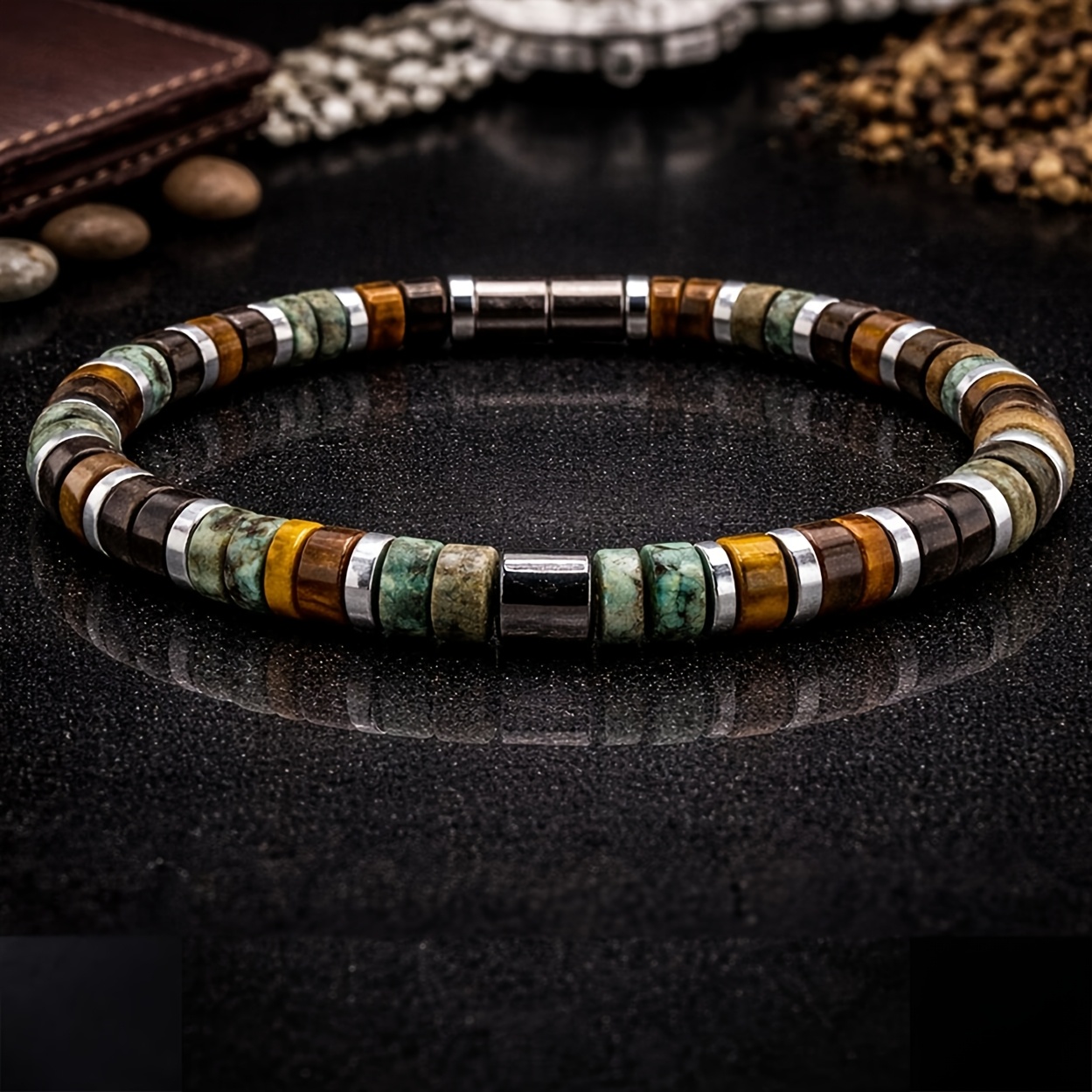 TEMU 1pc 6mm Natural Stone African Eye & Non-magnetic Hematite Bracelet For Men,boho Style Handmade Elasticity,casual Attire All Season