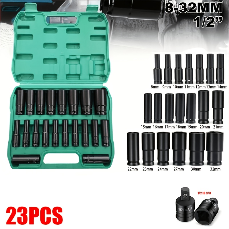 TEMU 23pcs Impact Socket Set - Heavy-duty 1/2 Inch Drive Socket For Durable Structure, Compatible With Pneumatic Tools For Tire Removal & Truck