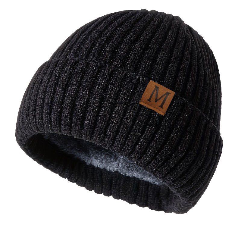 TEMU A Plush-lined, Thickened Knitted Beanie For Autumn And Winter, Featuring An "m" Label. -friendly, Cold-resistant, And Warm. Unisex, Simple, And
