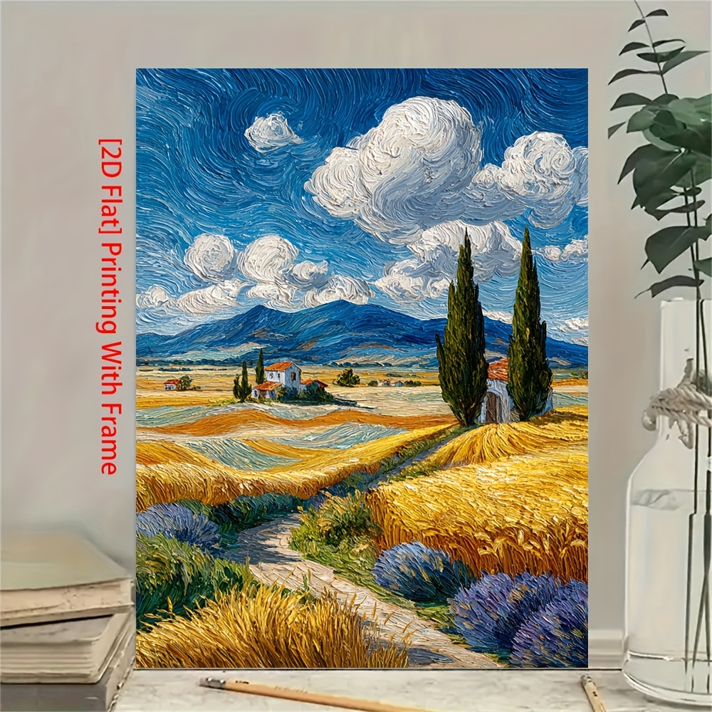 TEMU 1pc Van Gogh Wheat Field With Framed Canvas Print - 12x16 Inch Modern Dutch Post- Landscape Painting, Hand-painted-look Reproduction On Wood