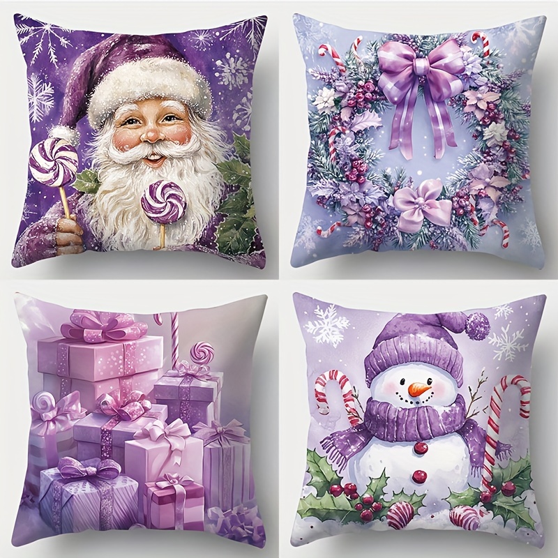 

4pcs, New Christmas Pillow Santa Claus, Christmas Snowman Printing, Purple 17.72*17.72 Suitable For Living Room Sofa, Bed, Bedroom, Home Decoration Without Pillow