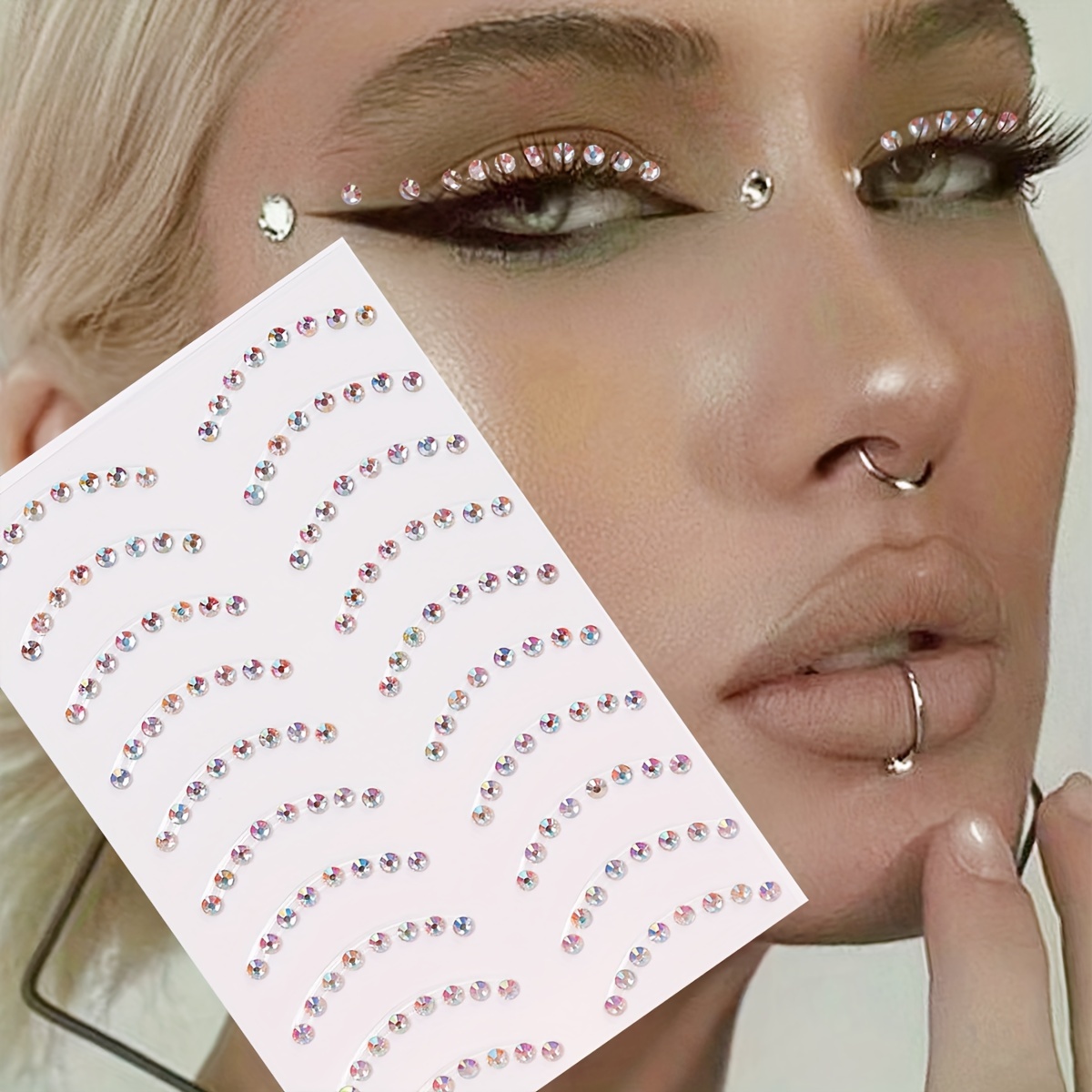 

1 Sheet, 3d Simulated Eyebrow-shaped Curved Moon Glitter Rhinestones, Eye And Face Decoration Sticker, For Diy Music Festival Y2k Makeup Party Decorations