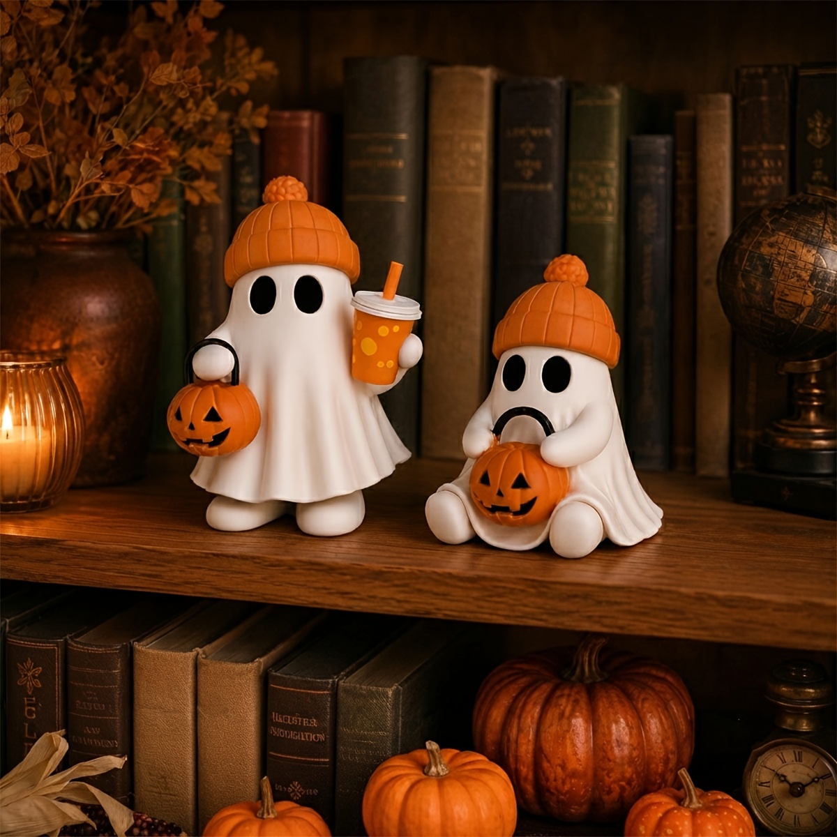 TEMU Cute Halloween Ghost Figurines Set, Pumpkin Ghost Tabletop Decorations With Beanie Hat, Kawaii Halloween Decor For Shelf, Mantel, Desk, And Home