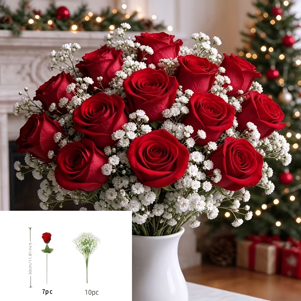TEMU Ensemble de 17 pièces de roses artificielles de Noël, thème étoilé - Décoration intérieure et extérieure , l'hôtel, et de festive pour cheminée,