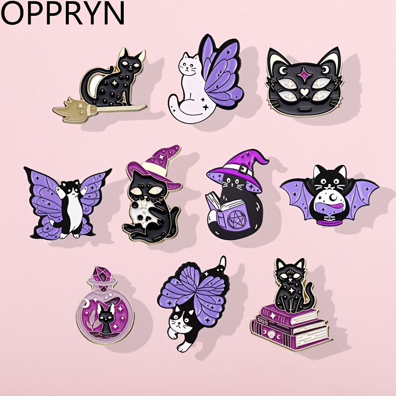 10pcs   black cat brooch set   dark wind magic purple cat badges unisex fashion alloy buckles with secure clasp for clothing backpacks   gifts clothing accessories whimsical animal badges durable alloy