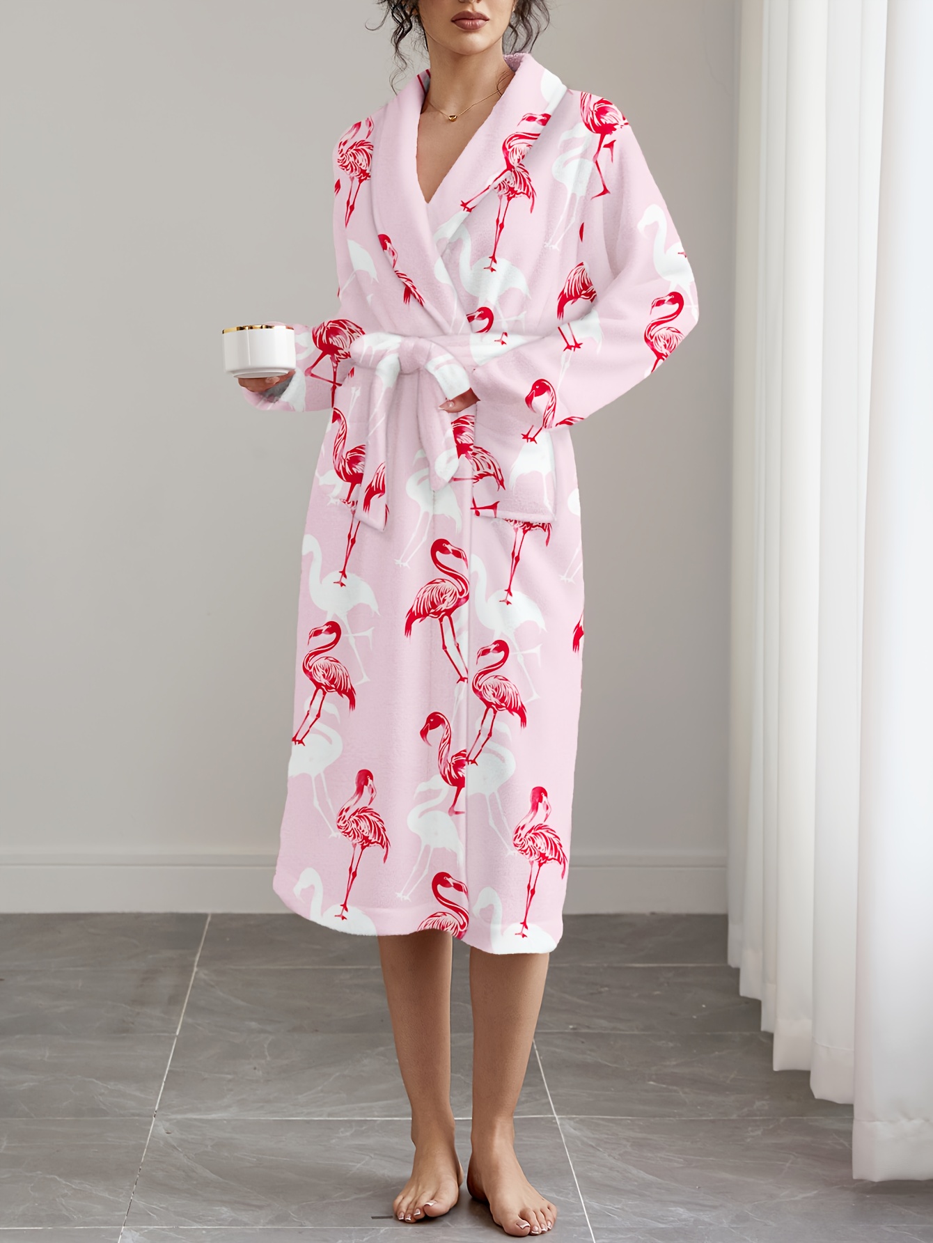 Women'S Plush Flamingo Print Robe Thick Fleece-Lined V-Neck Long Sleeve  Winter Sleepwear, Cozy Outdoor Indoor Loungewear with Adjustable Waist - Main Image