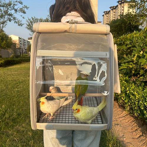 großer vogelträger-rucksack - transparente front, beige/weißes äußeres, reißverschluss-verschluss, - und seitenzugänge - robuster tiertransportrucksack für papageien, nymphensittiche, unzertrennliche - mit trageschlaufe - geflügel-tragetasche für tierarztbesuche, flughäfen, outdoor-abenteuer, mesh-sichtfenster
