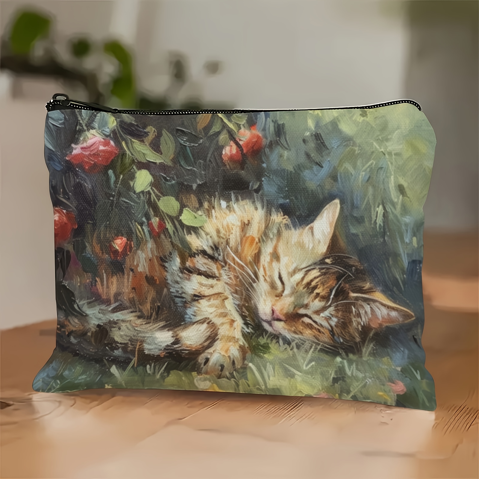 TEMU 1pc Cat Rose Makeup Bag, Multifunctional Storage Pouch, Serving As A Pencil Case And Snack Bag, Featuring , Unisex Style, Gift For Cat Lovers