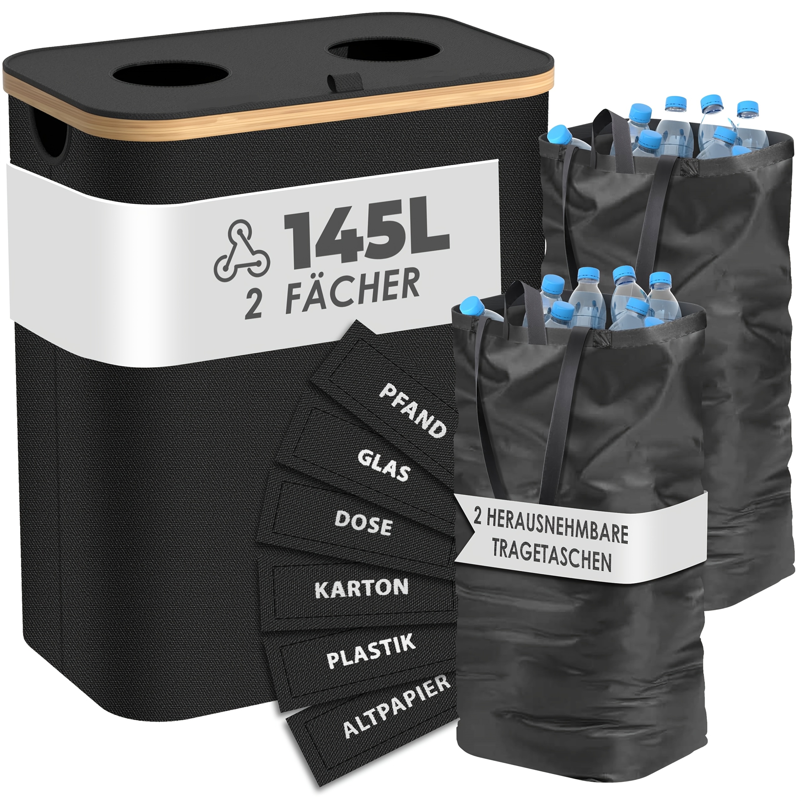 E-shop 145L Schwarzer Aufbewahrungskorb mit zwei Fächern, Küche, Haushalt und Garten Aufbewahrungsbehälter, Leere Flasche/Glas/Papierkarton/Ablage
