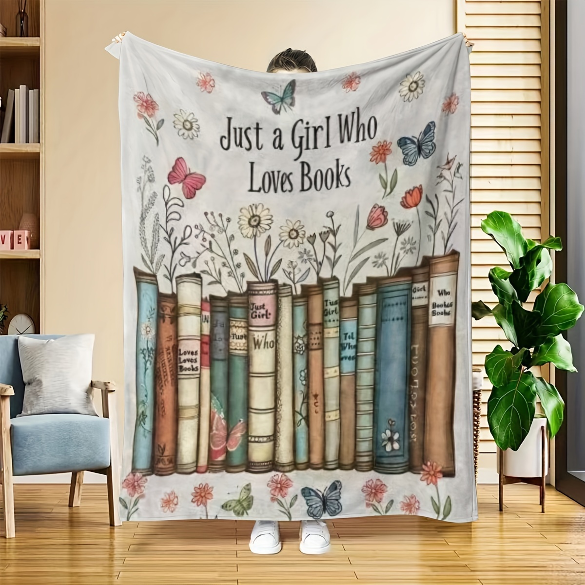 TEMU Who Books" Manta com Estampa Floral e Borboletas - Macia e Leve, para Leitoras, Meninas e Mulheres. Ideal para Sofá, Cama ou Decoração de Quarto