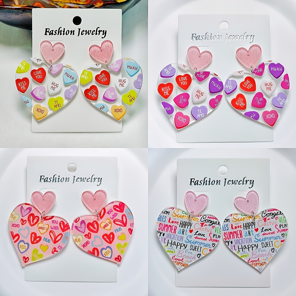 

4 Pairs Of Printed Letter Acrylic Heart Earrings, Very Suitable For , Parties And Vacations, Gift For Her