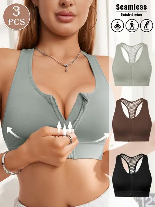 WANAYOU 3-Pack Women's Zip Front Sports Bra | Wireless, Post-Surgery & Yoga Bra | Solid Colors