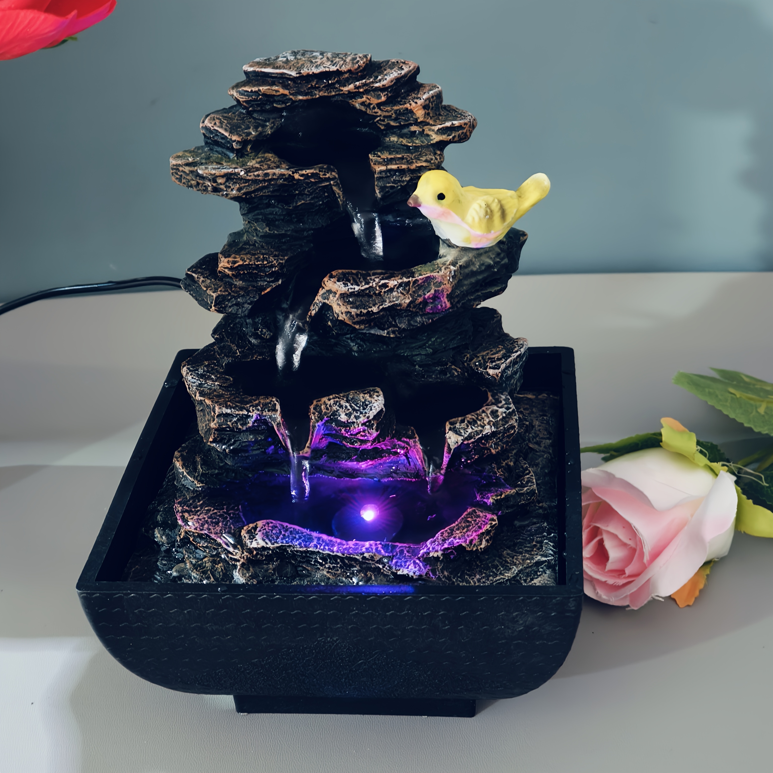 1 set of resin color-changing light imitation landscape fountain, bird rockery fountain, desktop placement creative USB power design, suitable for home and office decoration, suitable for business and Christmas, Valentine's Day, Thanksgiving and housewarming gifts