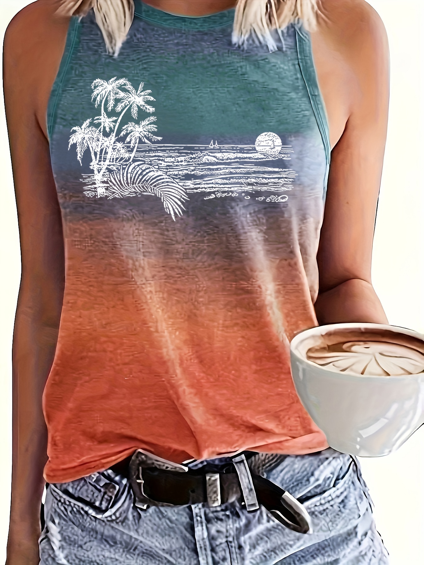 Coconut Tree Print Holiday Tank Top Irregular Bare Midriff - Temu