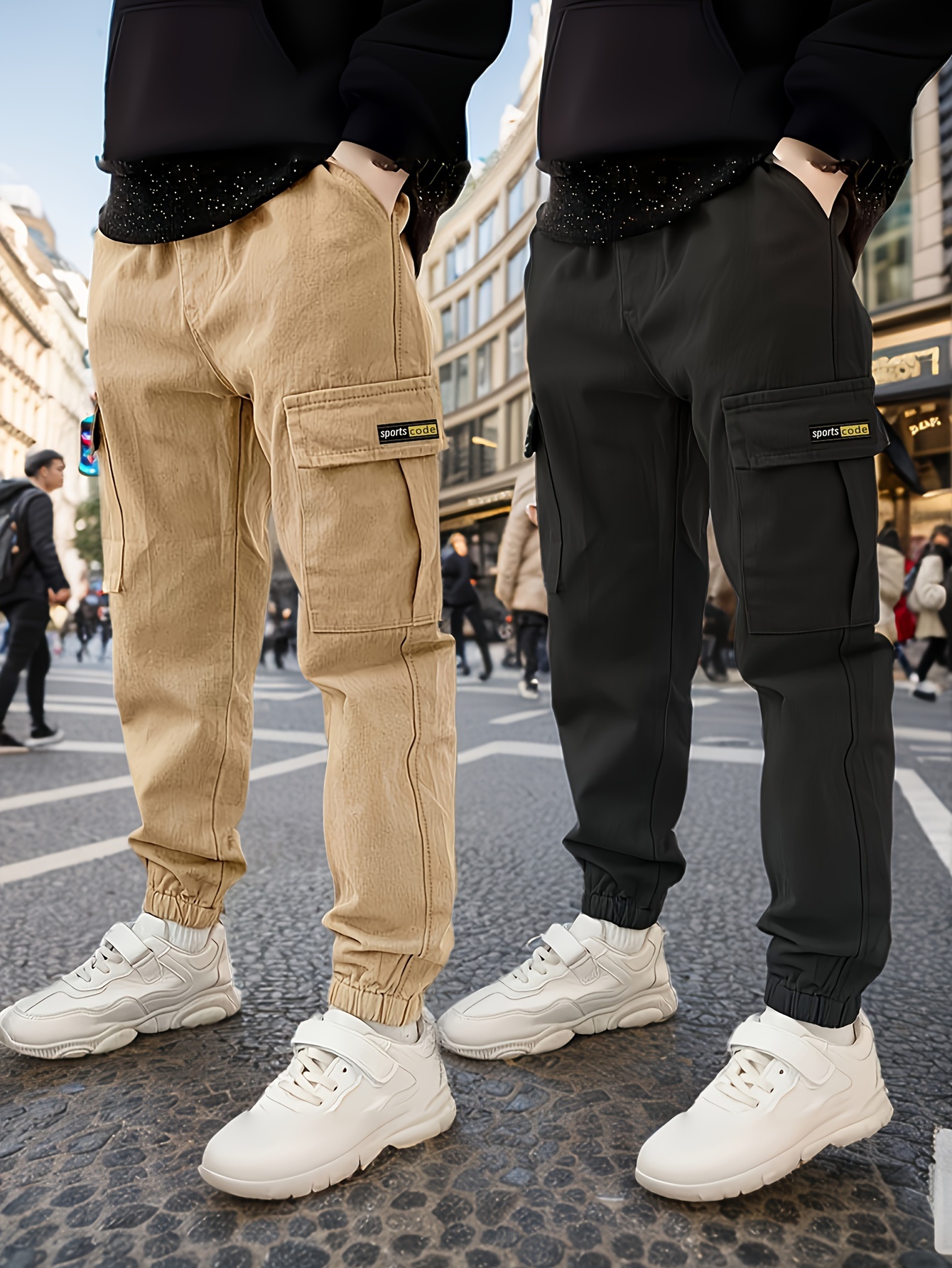 boys street style casual cargo pants pockets elastic waist