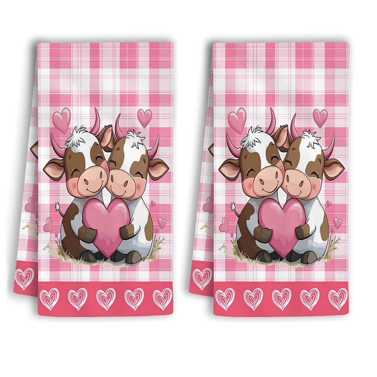 

2pcs Polyester Kitchen Towels Set - Cartoon Cows With , Buffalo Checkered Background, Valentine's Day Decor & Everyday Use, Hand Wash Only