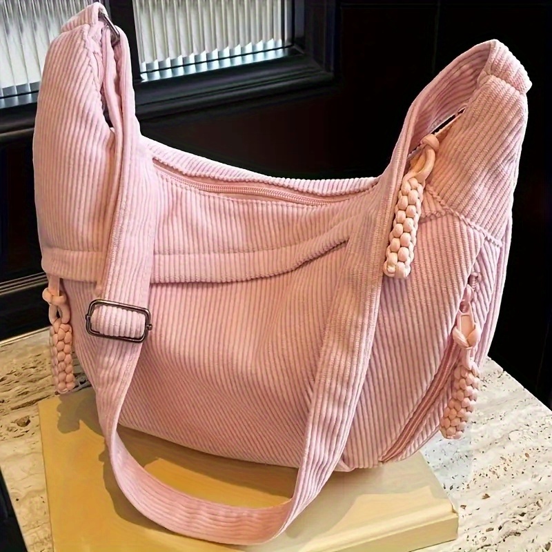 soft corduroy shoulder bag pink adjustable shoulder strap zip closure suitable for work shopping and travel everyday bag vintage style bag zip closure corduroy bag