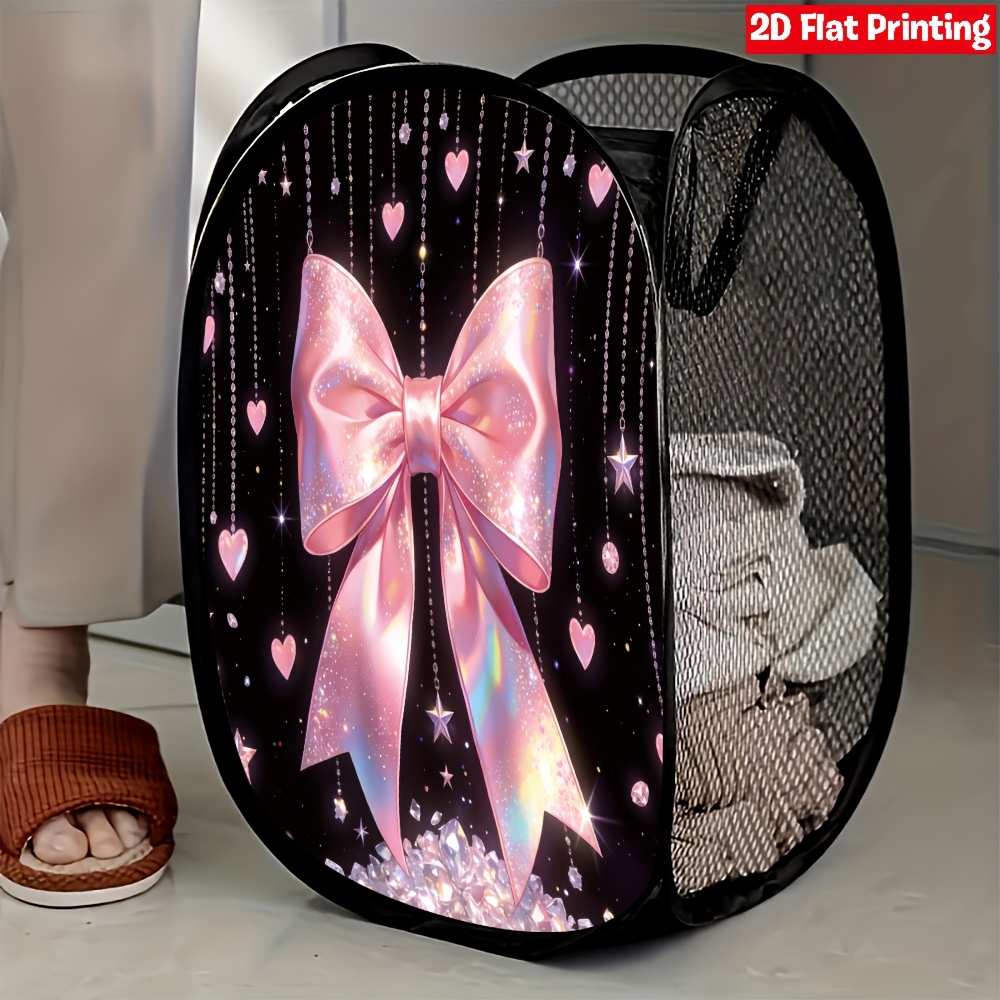 TEMU 1pc Bow Pop-up Laundry Hamper With Shiny Mesh Collapsible Storage Basket - Expandable Suitable For, Room, Dorm, Bathroom Organization -