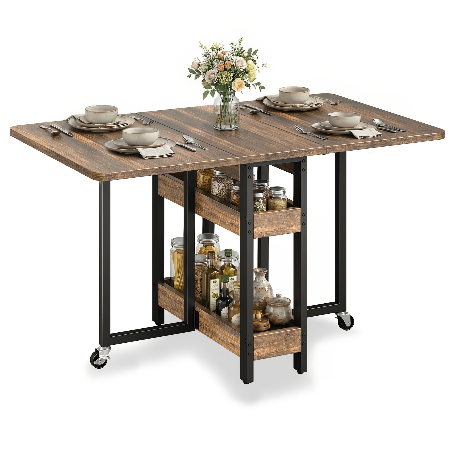 TEMU Table Pliante, Table à Manger, 133X80 Cm, Pliable, Étagère de Rangement à Niveaux, Bureau Pliable, Roulettes Pivotantes pour un Déplacement