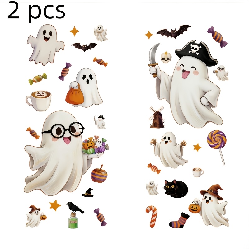 TEMU 2pcs Halloween Static Window Clings With Cute Patterns Of Pirates, , Pumpkins, Candies, Bats And , Reusable Glass Stickers For & Windows And