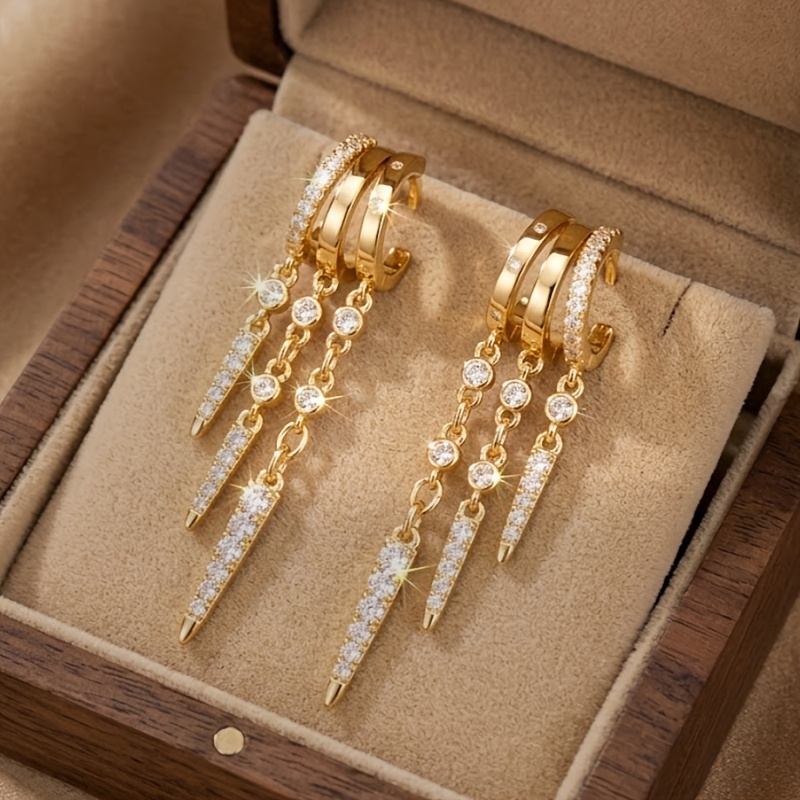 TEMU European And Personalized Pointed Cone Tassel Pendant Earrings, Shiny Cubic Zirconia Copper Earrings, High-end Stacking Design, Highlighting