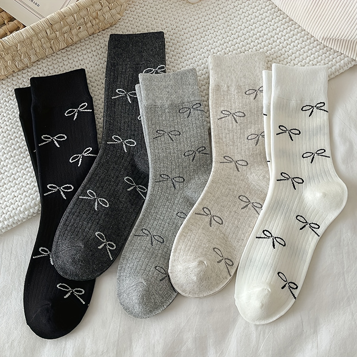 

5pcs Women's Mid-calf Socks - Chic Bowknot Pattern In Colors, Soft Polyester & Spandex , Breathable Knit, , Cute Socks