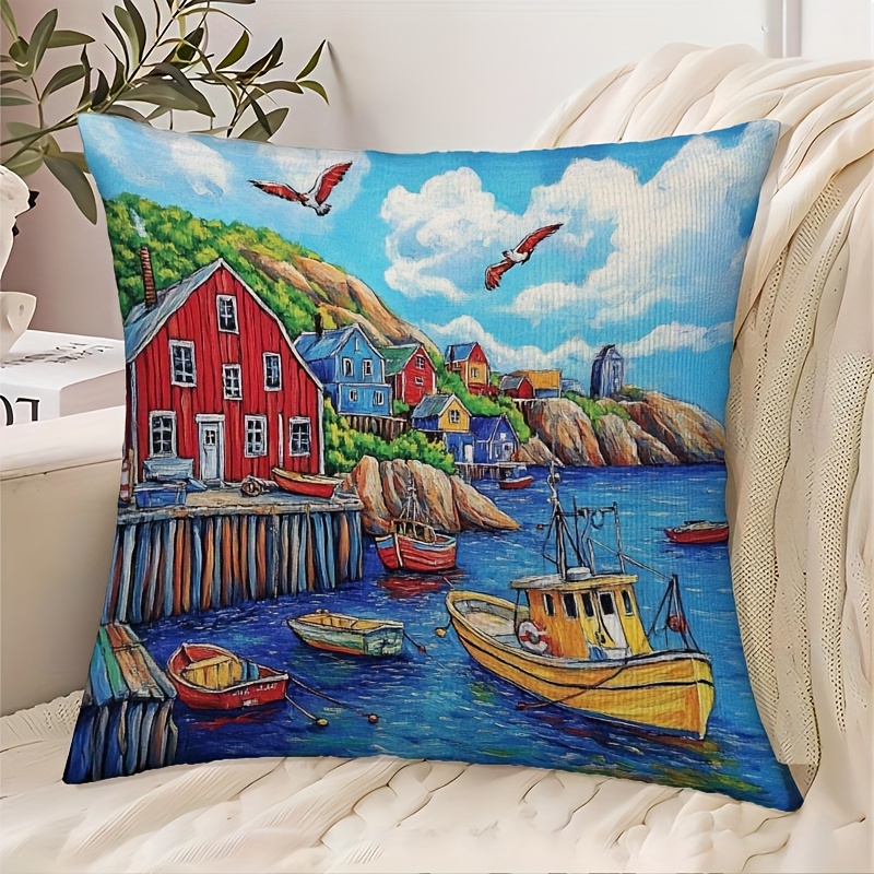 TEMU 1 housse de coussin Village de pêche de - 18"x18" (45x45cm) Côtière avec chiens de colorés, bateaux et maisons - Housse en acrylique doux au