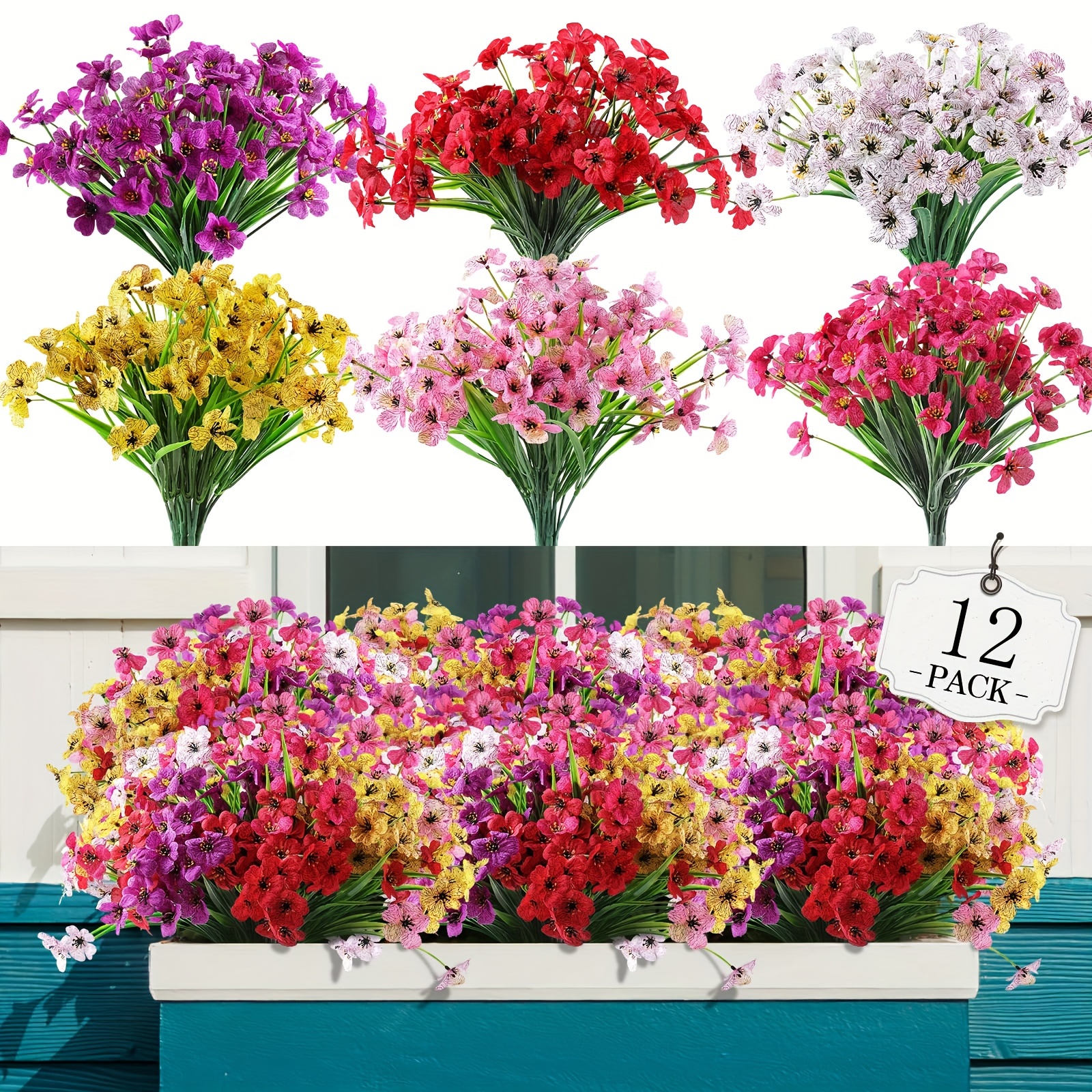 

12 Bundles, Artificial Flowers For Outdoor, No Fade Fake Plastic Flowers Faux Plants For Decoration Hanging Planters Indoor Outside Garden Porch Window Box Home Wedding Farmhouse