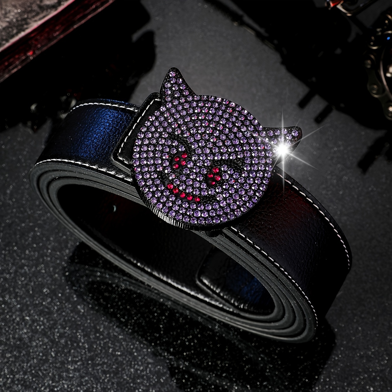 

1pc Popular Rhinestone Cat Head Buckle Belt, Hip Hop Punk Men's Belt For Daily Wear, Ideal Choice For Gifts