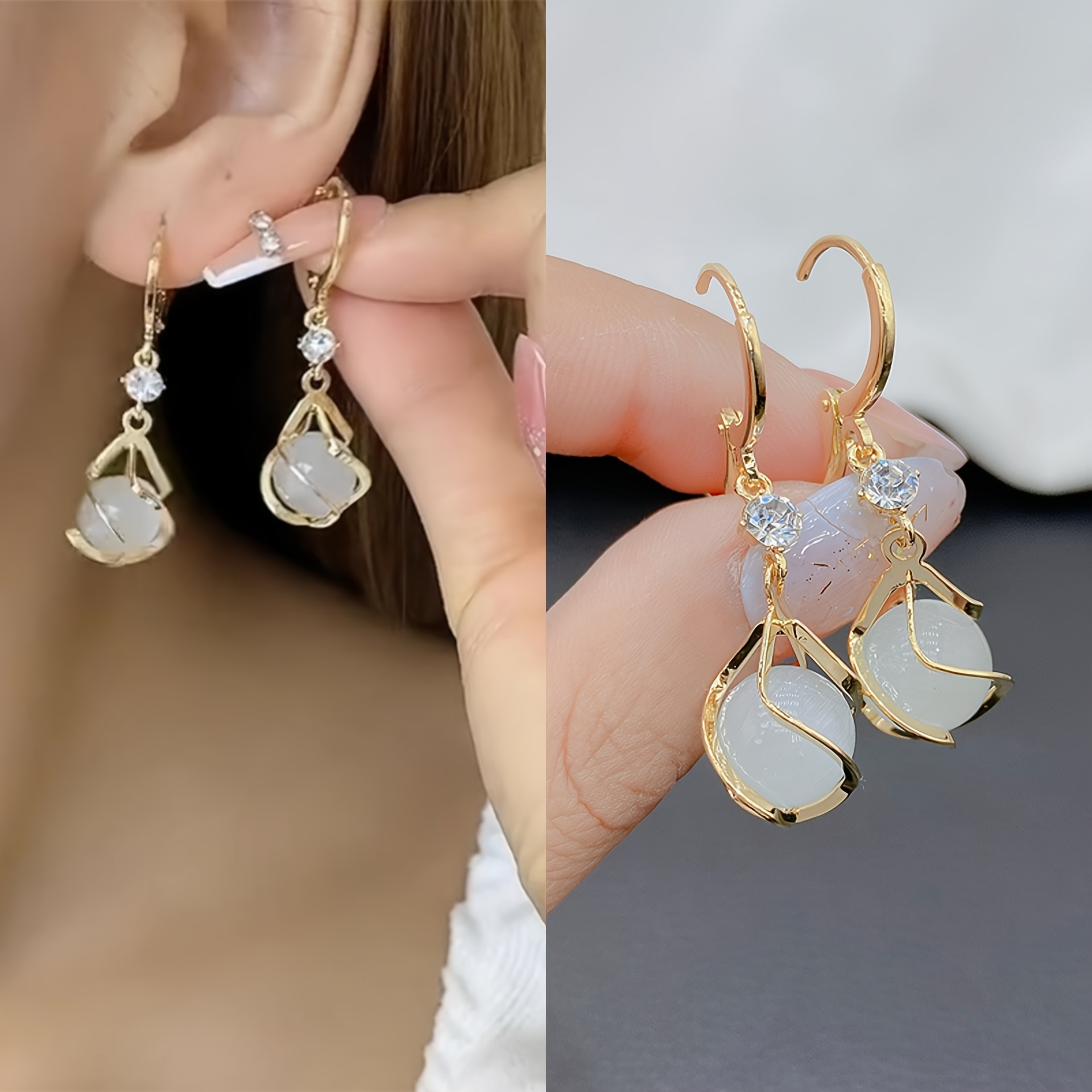 TEMU A Pair Of Elegant And Fashionable Stone Tassel Ear Cuffs With Circular Pendant Earrings, Suitable For Women' Commutes And Banquet Attendance