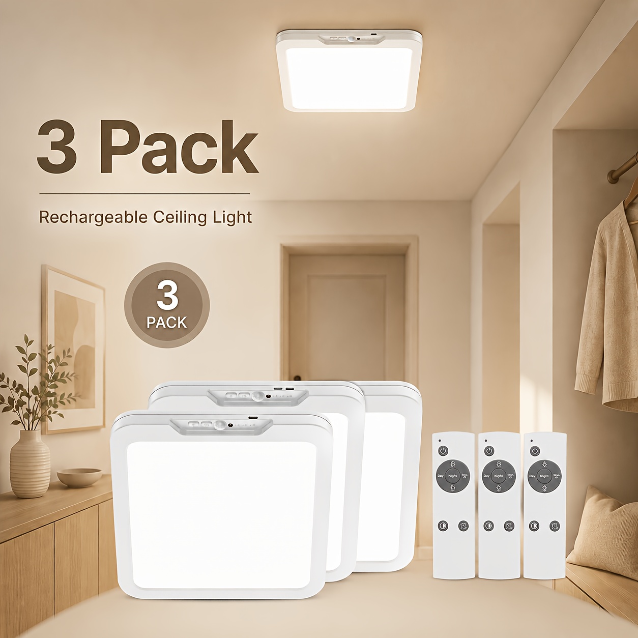 TEMU 1pack/2pack/3pack Motion Sensor Ceiling Light, Cordless Closet Light Battery Operated, Rechargeable Magnetic Mount Light For Bathroom, Stairs,