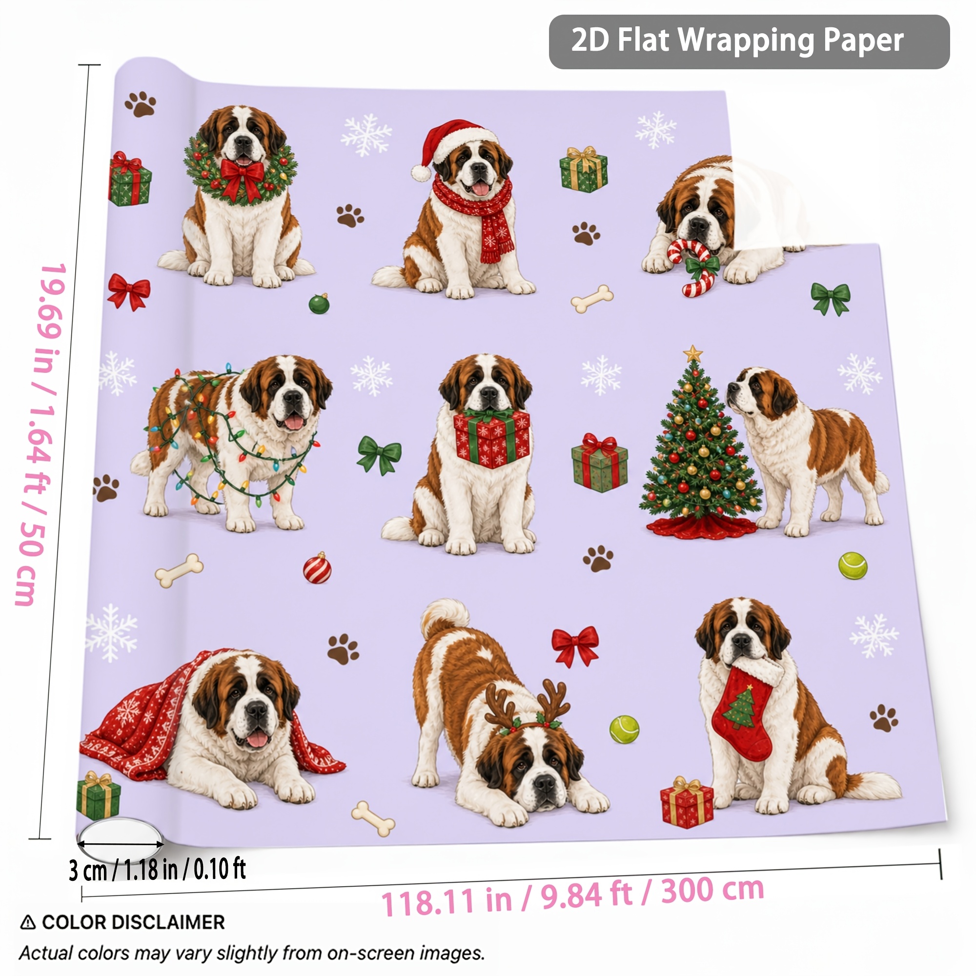 TEMU 1 Rouleau de 1.64Ft X 9.84Ft Motif Chien Saint- de Noël, Papier d'Emballage Cadeau pour Emballage Cadeau, Fête , Nouvel An, Hivernale, Emballage