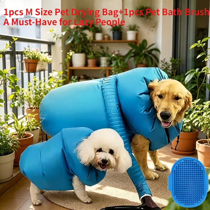 TEMU 2pcs Pet Drying Set (drying Bag And Bath Brush), Portable Foldable Pet , 360 ° Quick Drying Beauty Bag To Reduce Pet Hair Flying