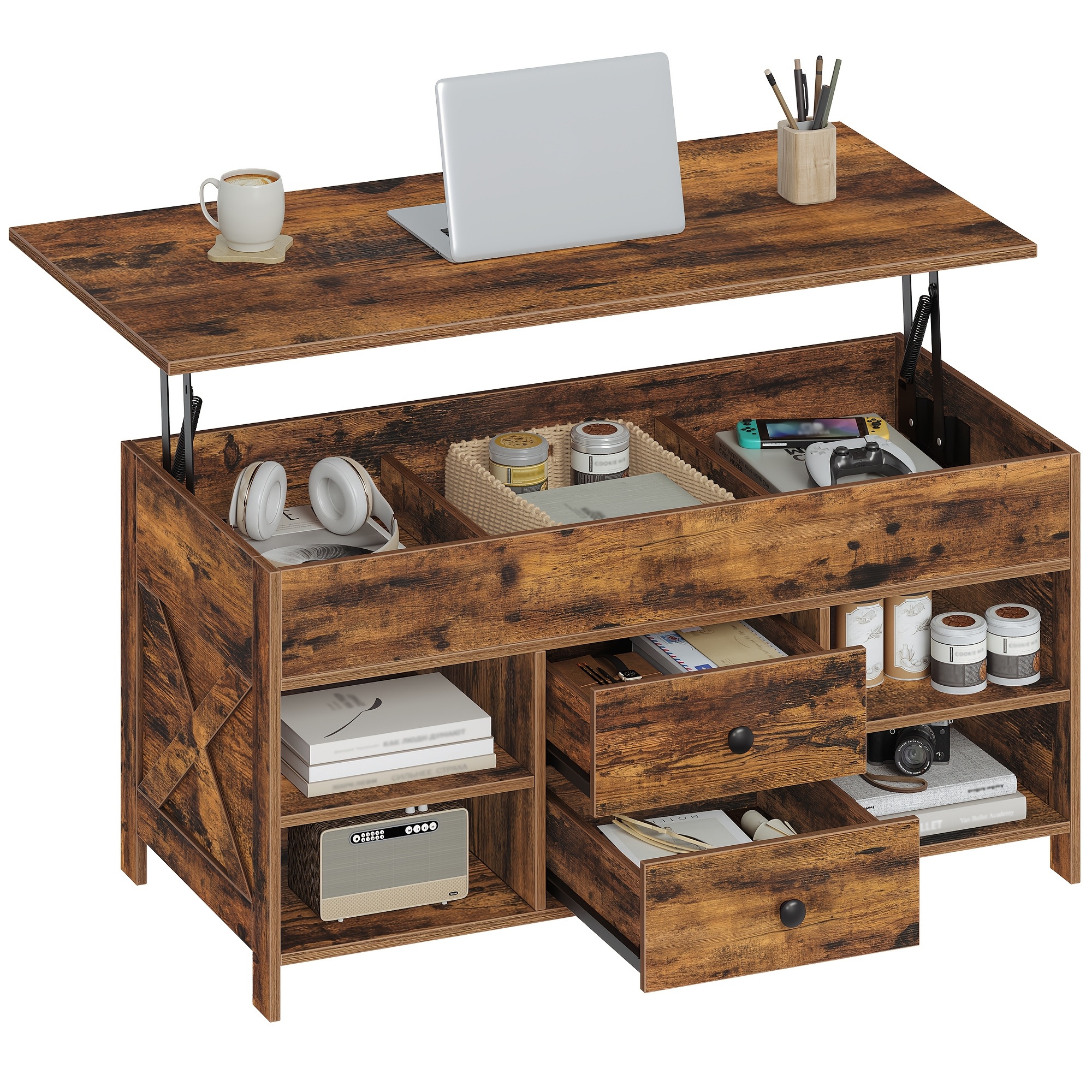 Coffee Table, Height-adjustable Living Room Table, Sofa Table, 2 Drawers And Hidden Storage Space, 50 X 100 .3-61.3 Cm, For Living Room, Dining Room, Office, -black/camel Brown-black
