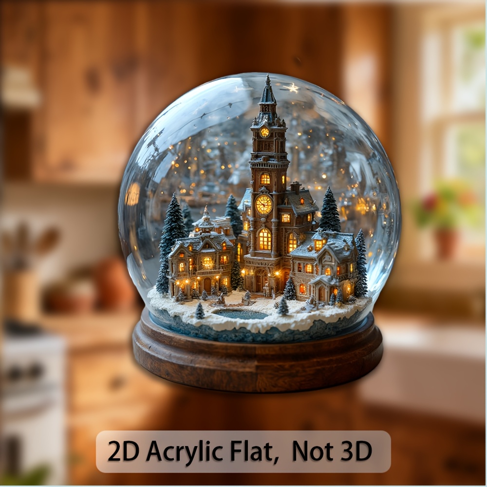 TEMU 1pc Christmas Snowball Magnet, With Glowing Village Scene And Clock Tower - Acrylic Collectible, Suitable For Fridge/door Display - Nostalgic