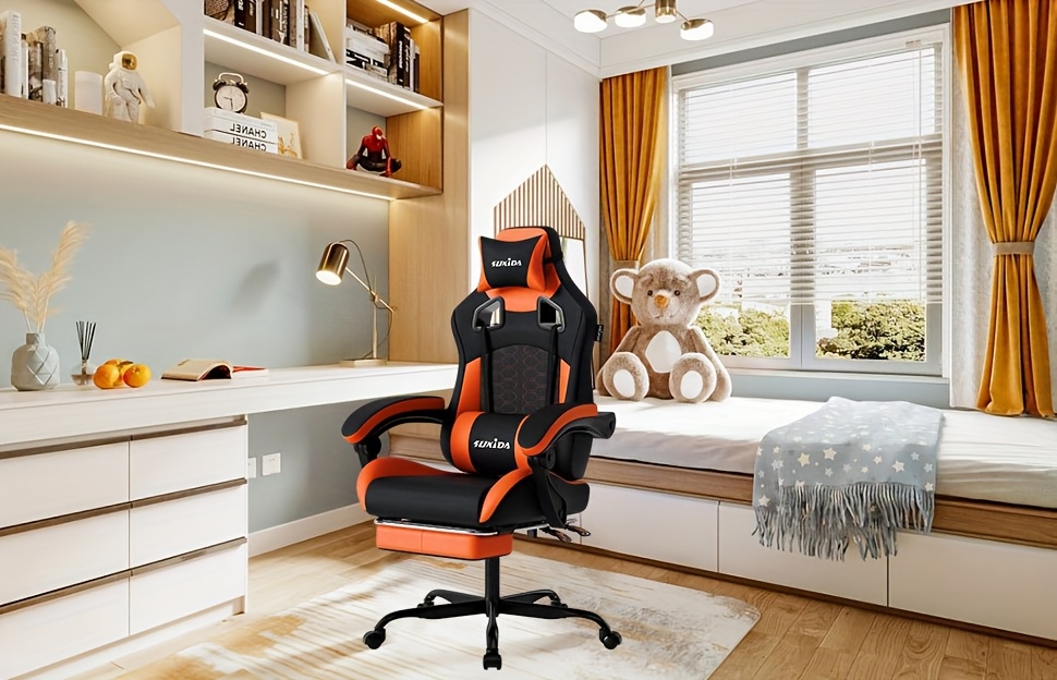 SUKIDA Gaming Chair, Ergonomic Gaming Chair with Footrest, Racing Gaming Chair Headrest Adjustable Computer Chair Height Adjustable Lumbar Support for Home Office And Gaming Beige