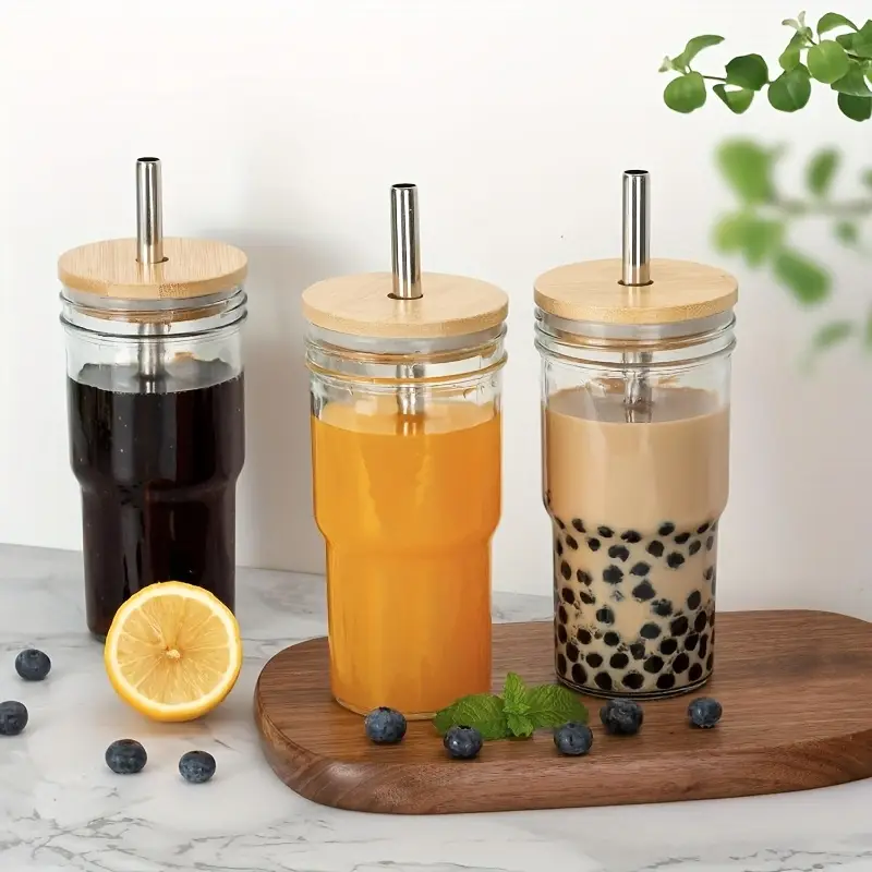4pcs of 24 ounce glass cups with lids and straws cute cups drinking can set reusable glass water cups for making cold boiled juice mothers day gift christmas gift with with two cup brushes Product details 3